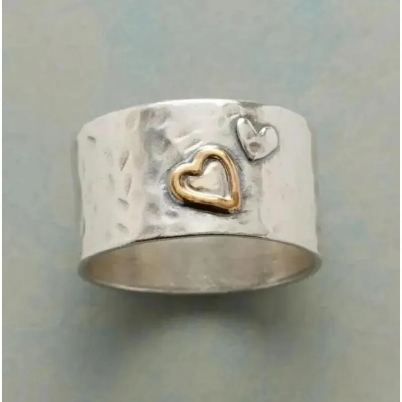 

Vintage Silver Color Rings for Women Trendy Inlaid with Gold Color Heart Round Personalized Creativity Party Rings Jewelry