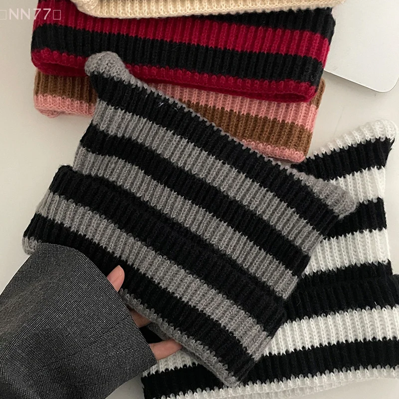 Japanese Y2K Cute Black White Striped Cat Ears Wool Hat Women Autumn Winter Warm Knitted Beanie Hat For Men And Women