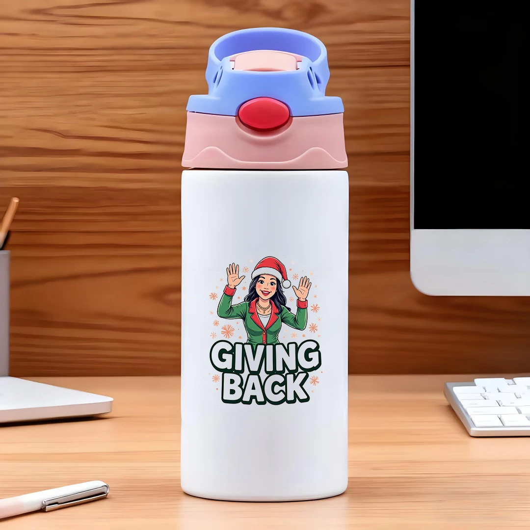 Tasse thermique en acier inoxydable 304, tasse en paille pour enfants, cadeau de noël, dessin animé mignon, fille de noël avec fond de flocon de neige rose