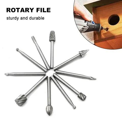 10Pcs HSS Wood Carving Rotary Files 3mm Shank Milling Router Bits for Rotary Tool Grinder DIY Woodworking Engraving Kit