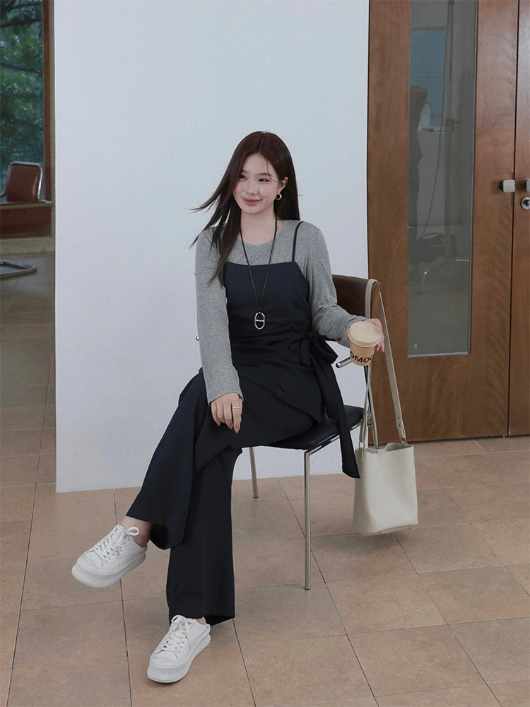

plus Size Korean Sle Walking Pants Set for Plump Sister Casual Slimming Illusion Fake Two-Piece Long Sve round Ne Top
