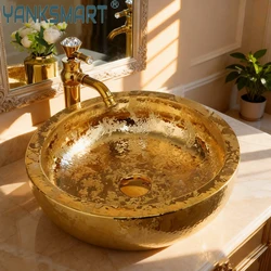 YANKSMART Round Ceramic Bathroom Vessel Vanity Countertop with Luxury Gold Porcelain Sink Mixer Faucet  Pop-up Drain Combo Kit