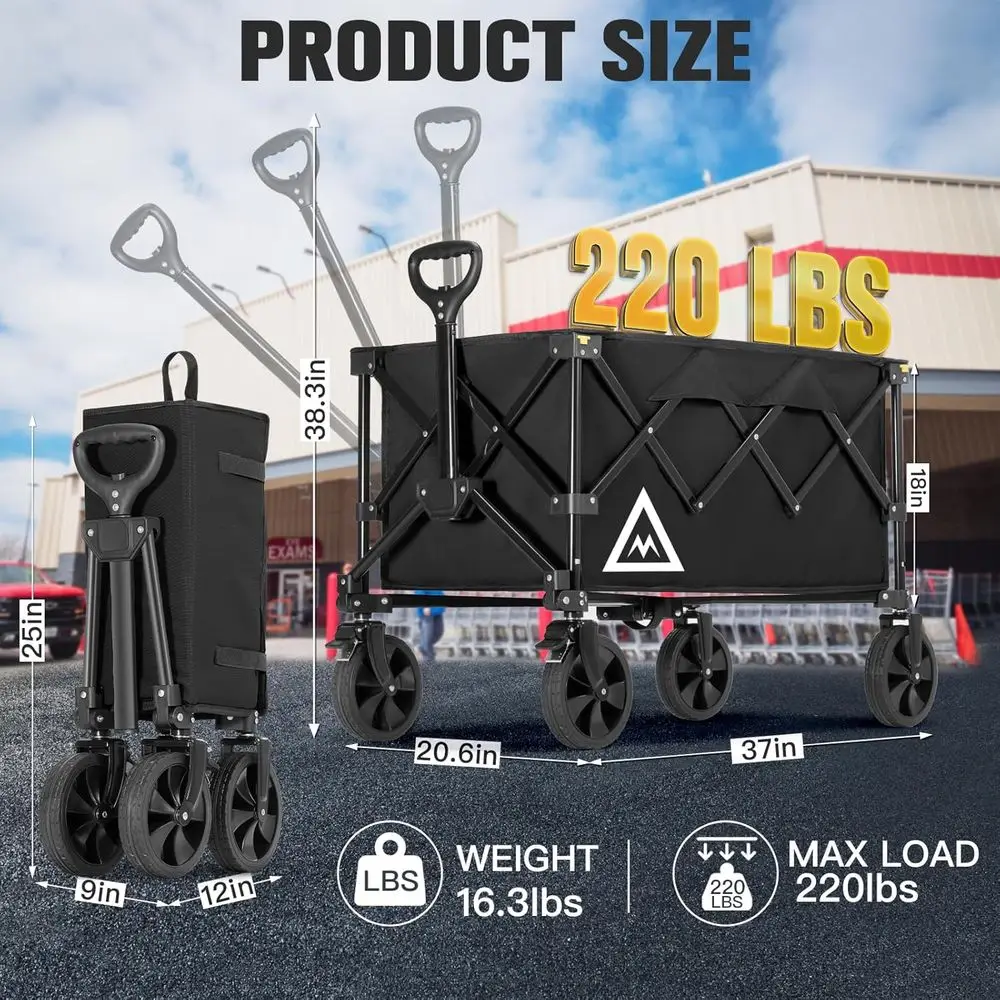 عربة أدوات محمولة شديدة التحمل قابلة للطي مع عجلات كبيرة للشاطئ والحديقة والبقالة والتخييم والرياضات الخارجية باللون الأسود