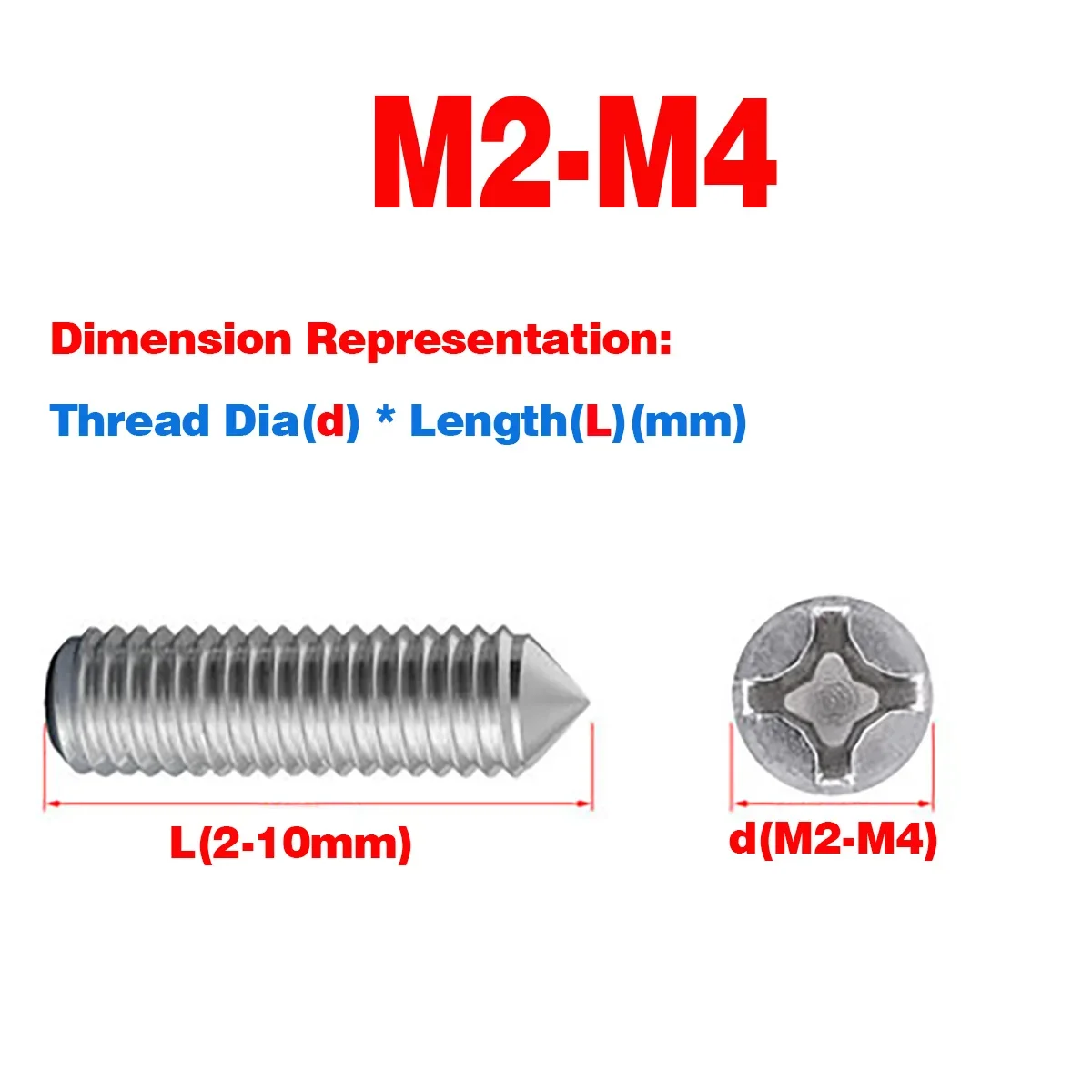 

304 Stainless Steel Cross Point Set Screw / Headless Bolts M2-M4