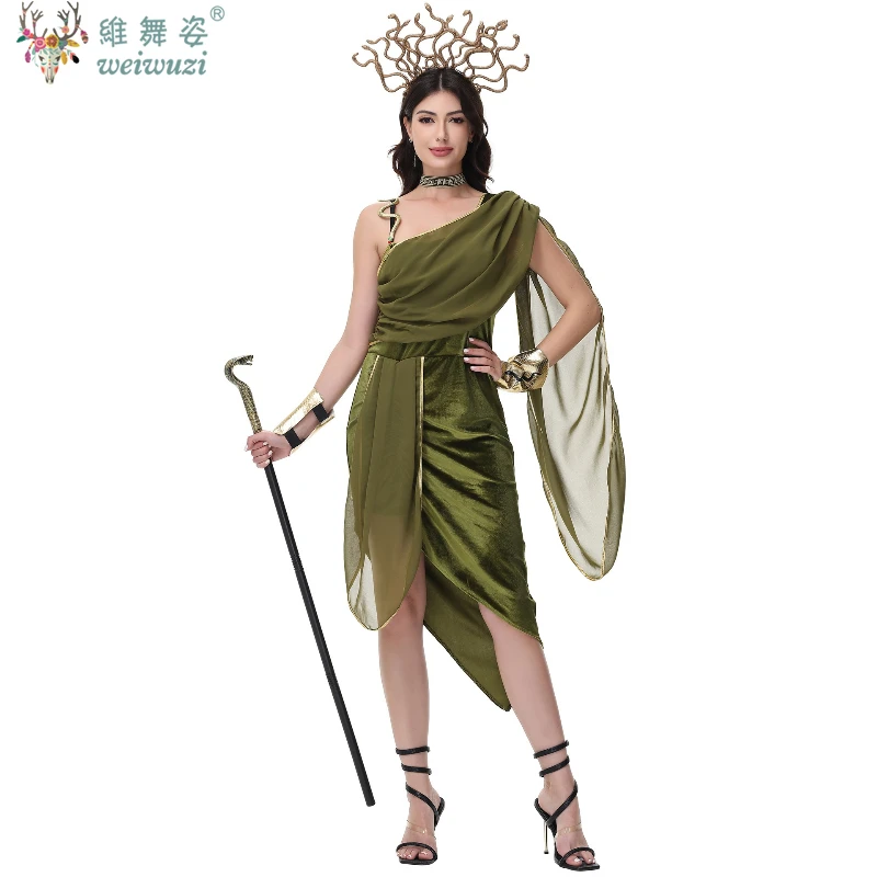 

Ancient Egypt Roman Greek Myth Goddess Gorgon Medusa Outfit Green Dress Cosplay Halloween Costume Carnival Party Clothes