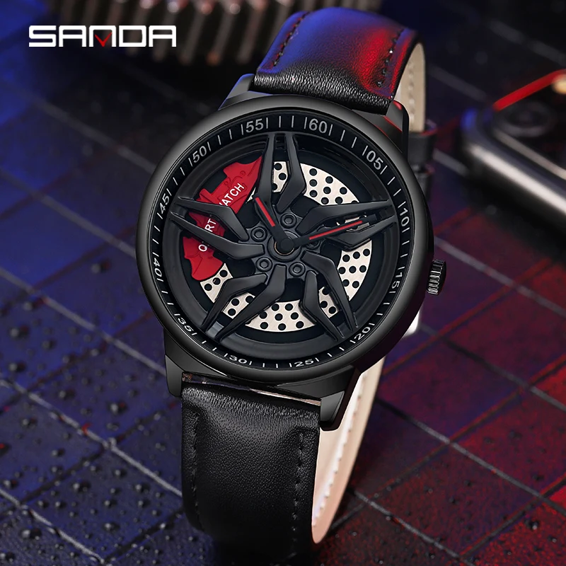 SANDA P1062 Original Leather 3D Watches Rim Watch Hub Custom Design Sports Waterproof Creative Male Clock Mens Wheel Wristwatch