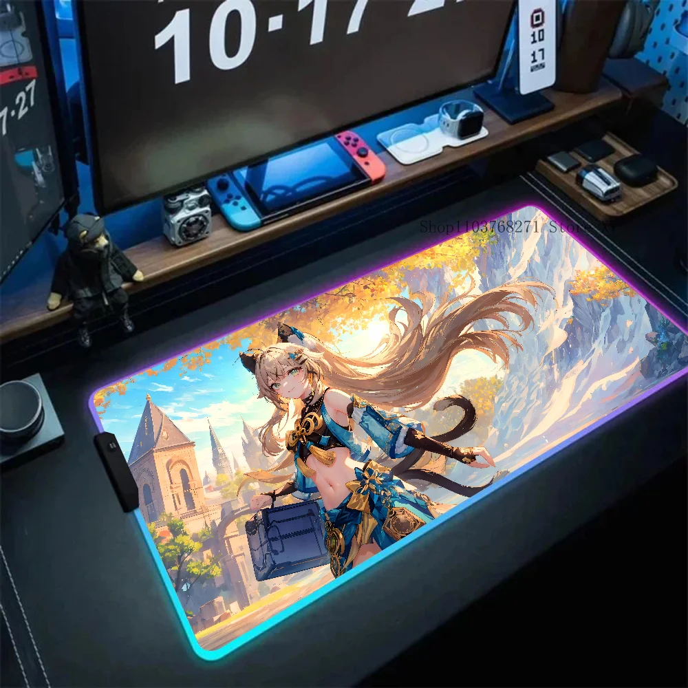 Kirara Genshin Impact Mousepad XXL RGB Gaming Mouse Pads HD Black Gamer Accessories Large LED