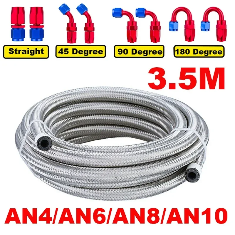 

11.5FT 3.5M AN4 AN6 AN8 Stainless Steel Braided CPE Rubber Fuel Hose Line 0/45/90/180 Degree Hose End Fitting Adapters Hose Line