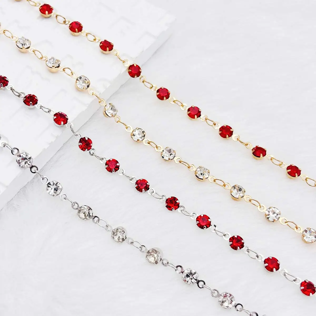 

10Yards Multicolor Link Chain with Red Clear Rhinestone 4mm DIY Bracelets Necklace Crafts Lace Decoration Accessories