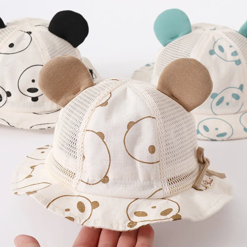 Cartoon Panda Baby Mesh Bucket Hats Breathable Soft Cotton Infant Boys Girls Fisherman Caps Outdoor Travel Toddler Kids Sun Hats
