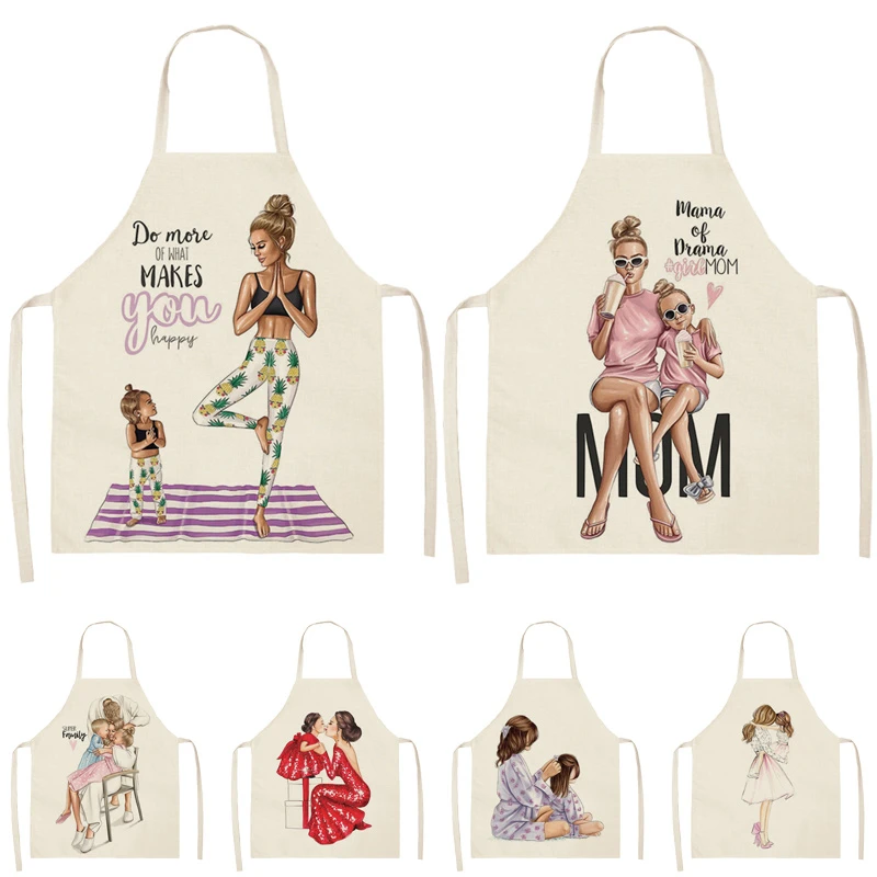 1Pcs Parent-child Pattern Cleaning Art Aprons Home Cooking Kitchen Apron Cook Wear Cotton Linen Adult Bibs Delantal Fartuchy