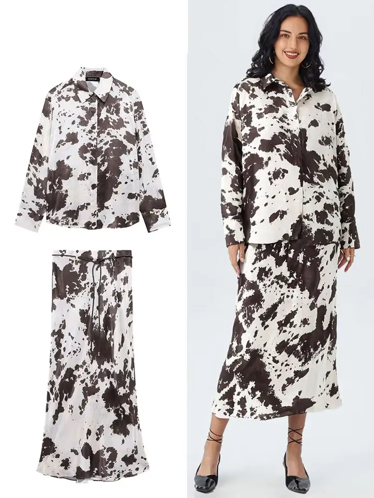 HH Abito da donna con stampa animalier alla moda primaverile da strada, maniche lunghe, risvolto, camicia monopetto + gonna a coda di pesce a vita alta legata