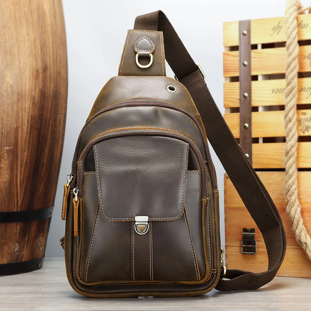 Vintage Crazy Horse Leather Chest Bag for Men, High Texture Genuine Leather Shoulder Crossbody Bag