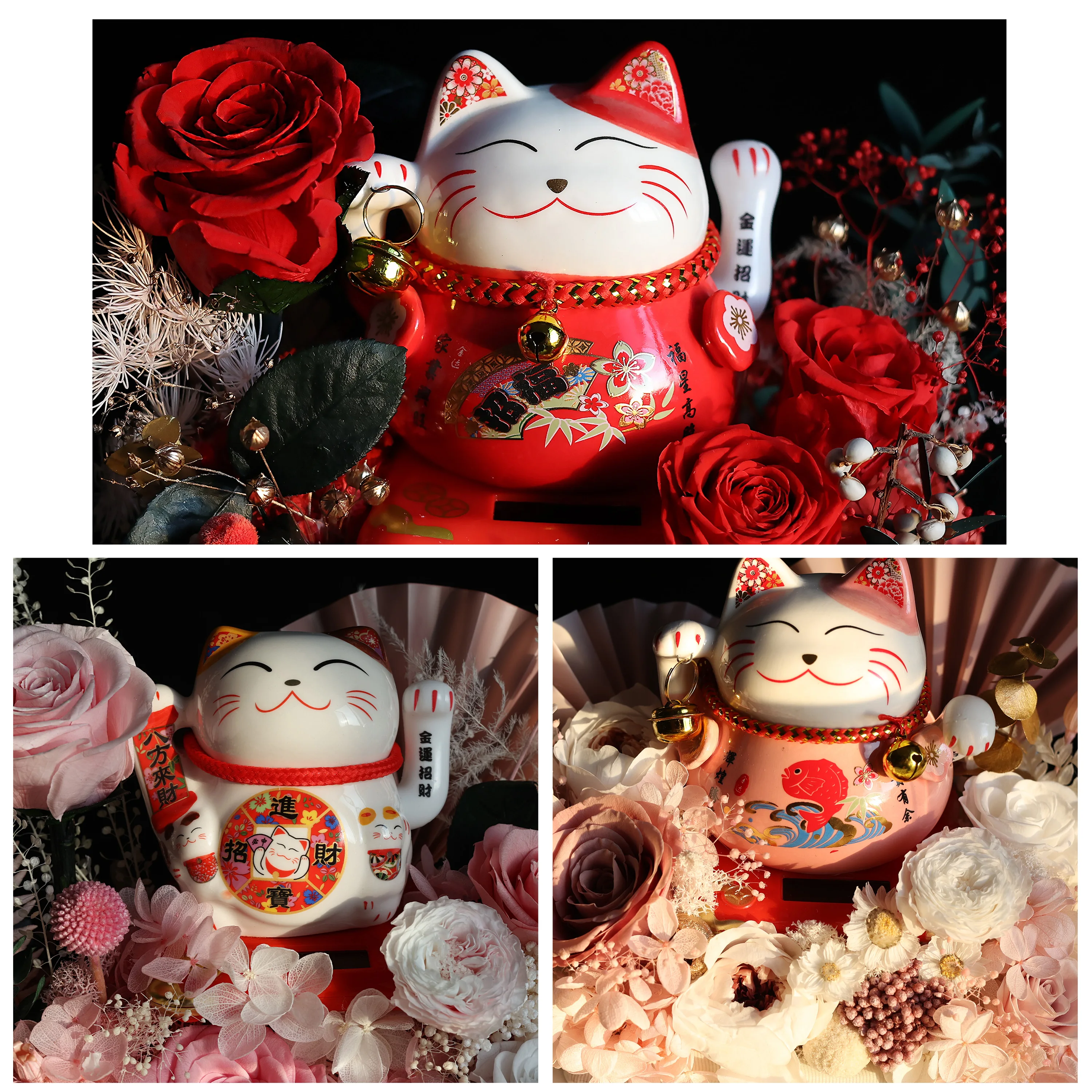 Preserved Flower Lucky Cat,Real Rose Solar Powered Automatic Waving Acrylic Ornaments,Opening and Housewarming Gifts for Friends