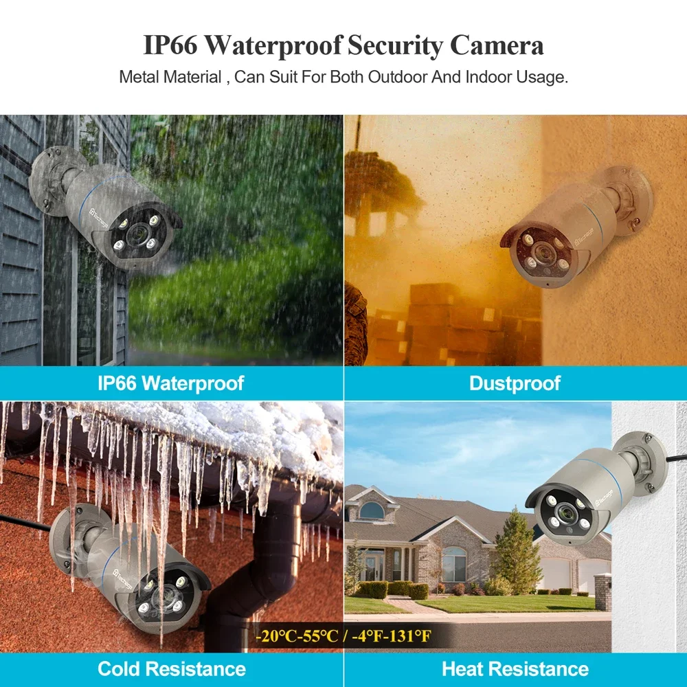 Caméra de surveillance extérieure IP POE HD 4MP, dispositif de sécurité sans fil, étanche, avec IA, audio bidirectionnel, vision nocturne infrarouge, kit NVR