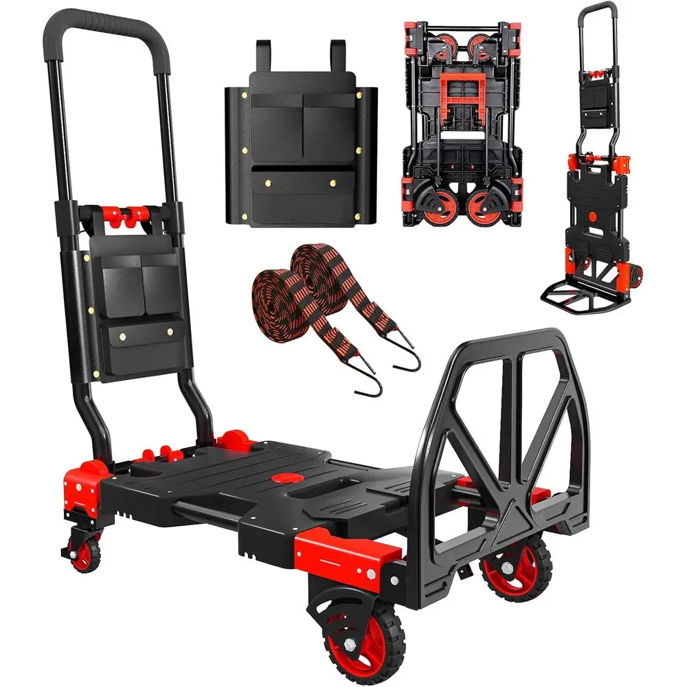 

Портативная складная ручная тележка 2-в-1 повышенной прочности с 4 выдвижными колесами и ручкой, грузоподъемность 150 кг (красная)