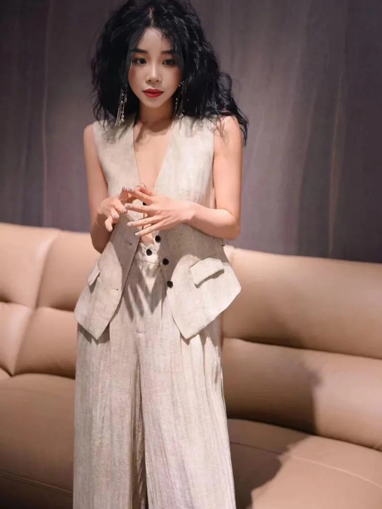 2023 neue Stil Frauen Sommer Casual Baumwolle Ärmellose Sets Stilvolle Zwei-Stück Weste Set Büro Damen Mode Volle Länge outfits