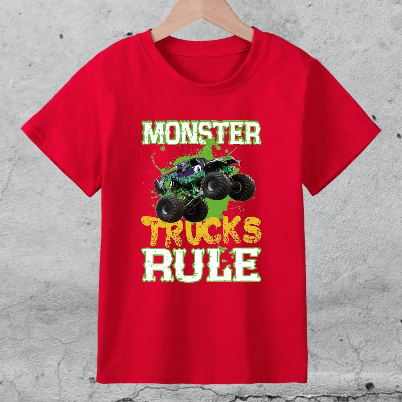 2024 Cool Monster Trucks Print Boys Meaningful T-Shirt, Cool, Versatile &Smart Short Sleeve Tee For Toddler Kids, Gift Idea