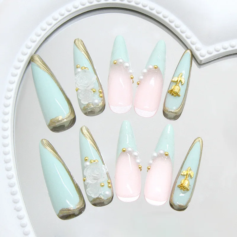 

24Pcs Long Almond Press on Nails - 3D French Tip with Rivet Design, Emerald Ripple and Pearl Rose Patterns