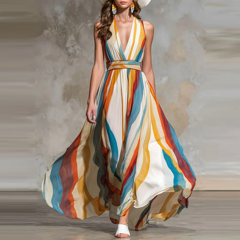 

Elegant Women's Dresses Sleeveless V-neck Off-shoulder Large Swing A-line Slim Robe Party Prom Nightclub Daily Date Vestidos