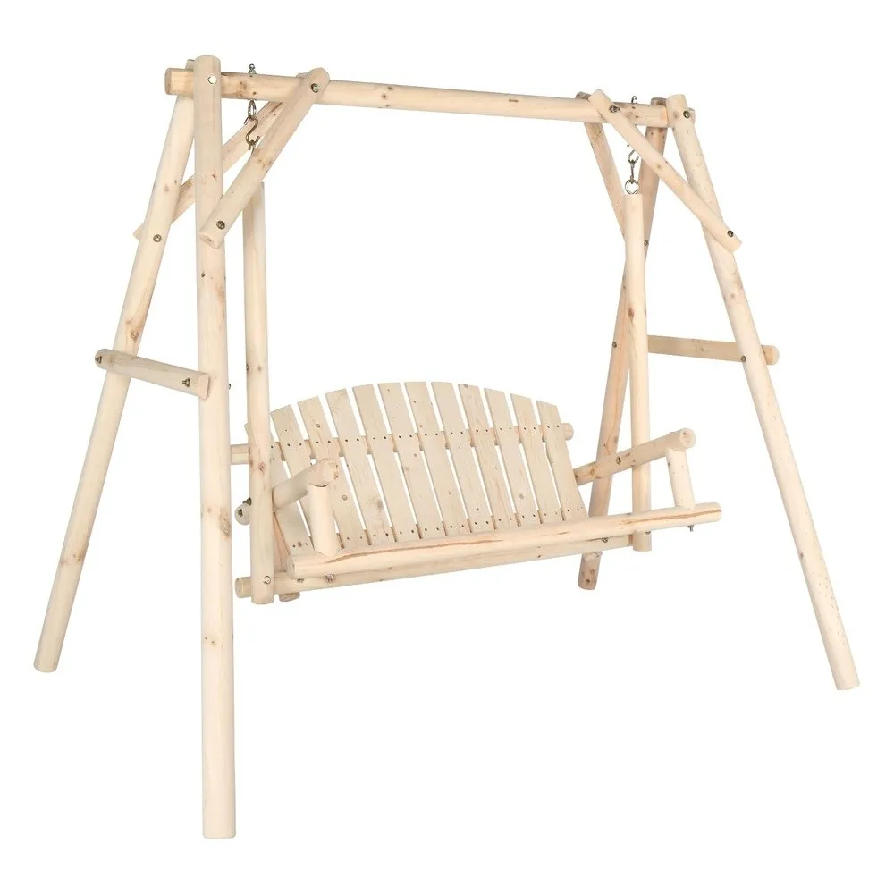 880 LBS Wooden Porch Swing with A Frame Stand Natural Outdoor Swing