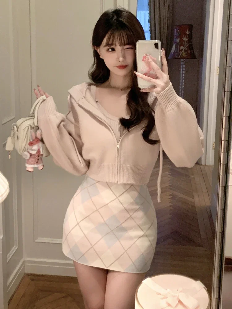 Knitted Korean Sweet Skirts Suit Women Casual Cute Two Piece Set Winter 2024 Long Sleeve Coat + Y2k Pink Vest + Party Mini Skirt