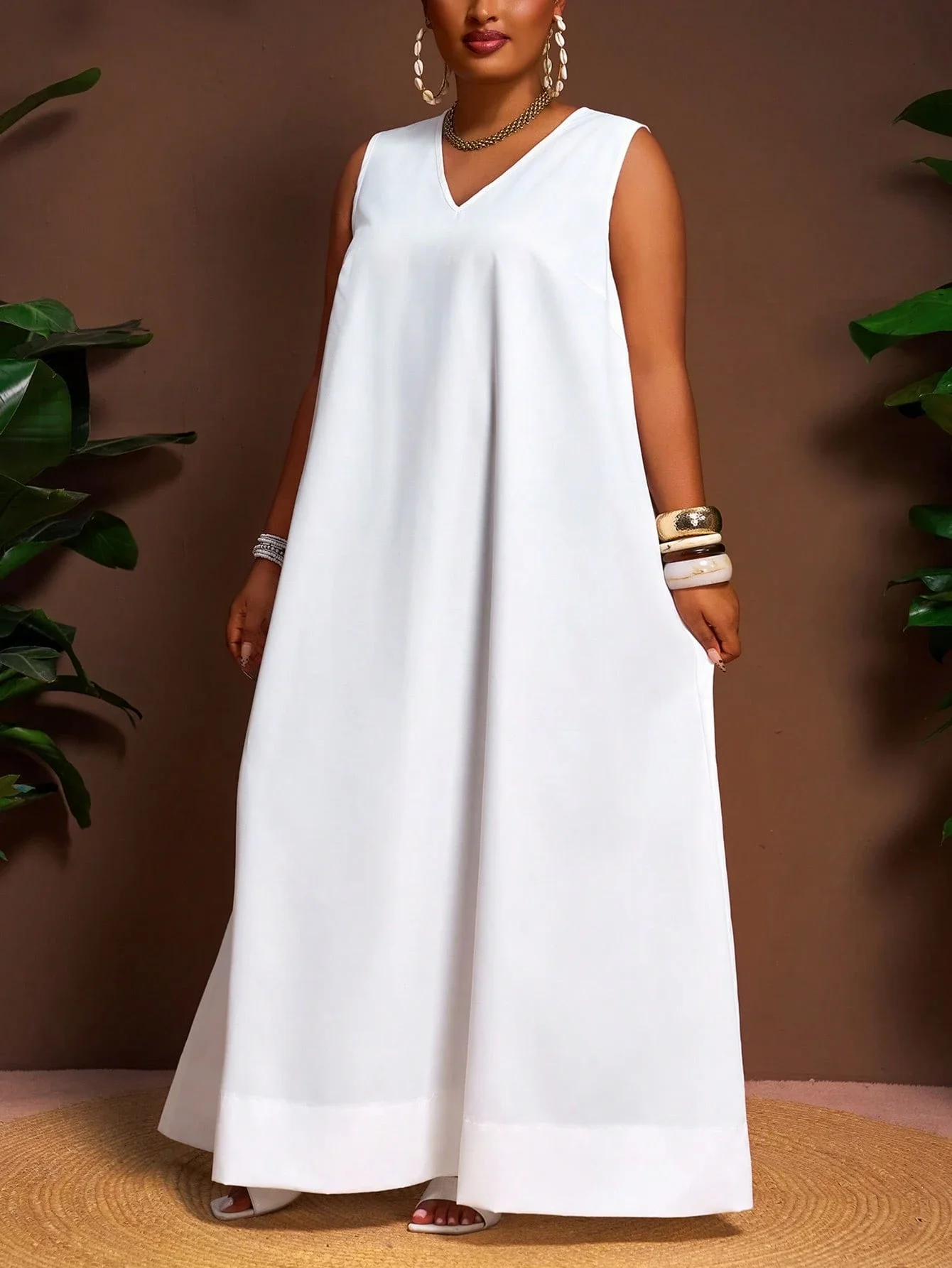 

Белое свободное платье макси с V-образным вырезом для женщин, повседневный наряд для отпуска и пляжа