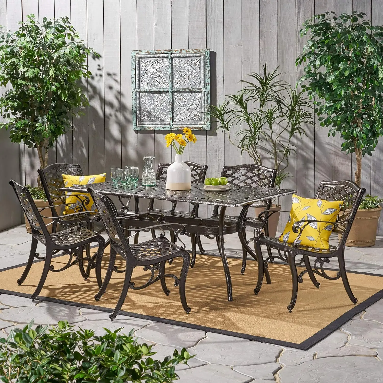 

Christopher Knight Home Hallandale Outdoor Sarasota Cast Aluminum Rectangular Dining Set, 7-Pcs Set, Hammered Bronze