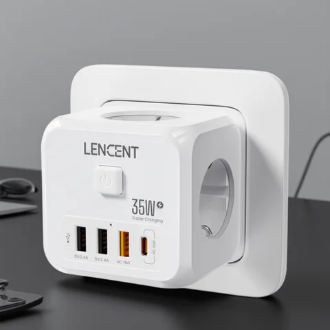 LENCENT-regleta de pared con enchufe europeo, 3 CA + 3 USB QC 18W + 1 tipo C PD 35W, adaptador de cargador rápido, interruptor de encendido/apagado 7 en 1