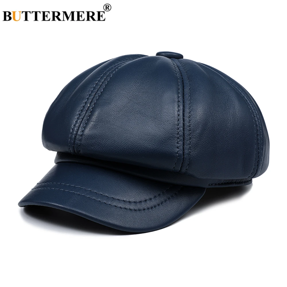 BUTTERMERE Genuine Leather Vintage Hat Women Newsboy Cap Pink Baker Boy Cap High Quality Brand Ladies Winter Octagonal Cap