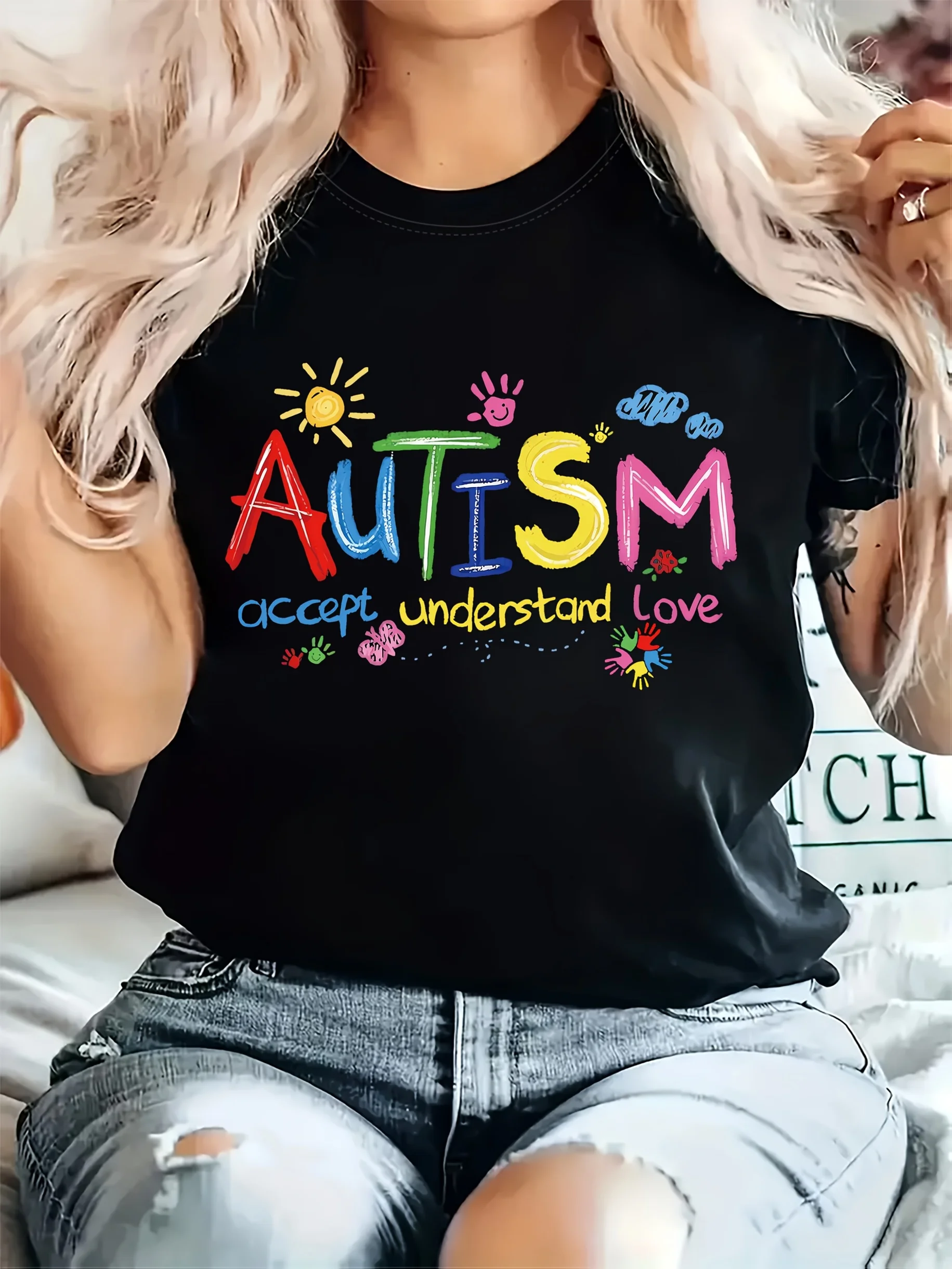 Autism-themed printed women's spring and summer fit crew neck T-shirt