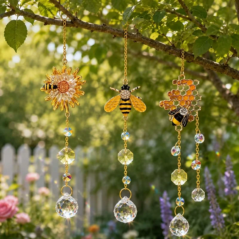 Solar collector crystal honeycomb bee decoration, garden sunlight window hanging with glass prism, window decoration