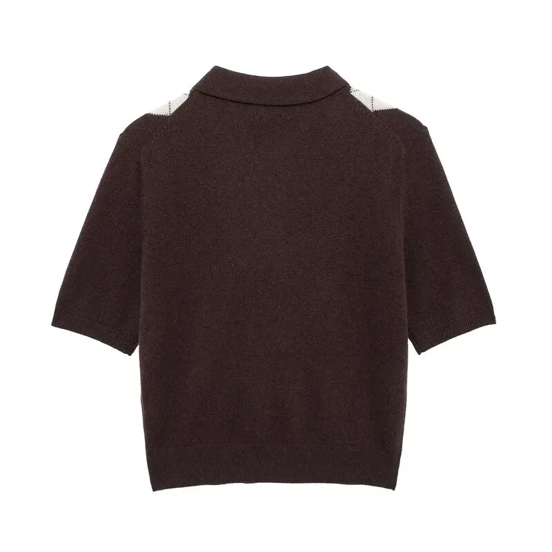 Spring 2025 Women's Knitted ort Sve Diamond Pattern  irt Versatile Design Commute Sle Regular Length Overhead Wear
