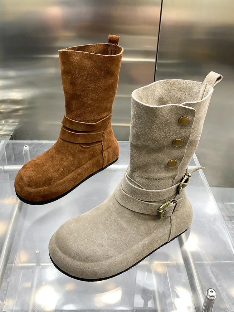 Autumn Vintage Women High Top Mid Calf Boots Buttons Buckle Strap Thick Platform Real Cow Suede Leather Shoes Winter Work Boots