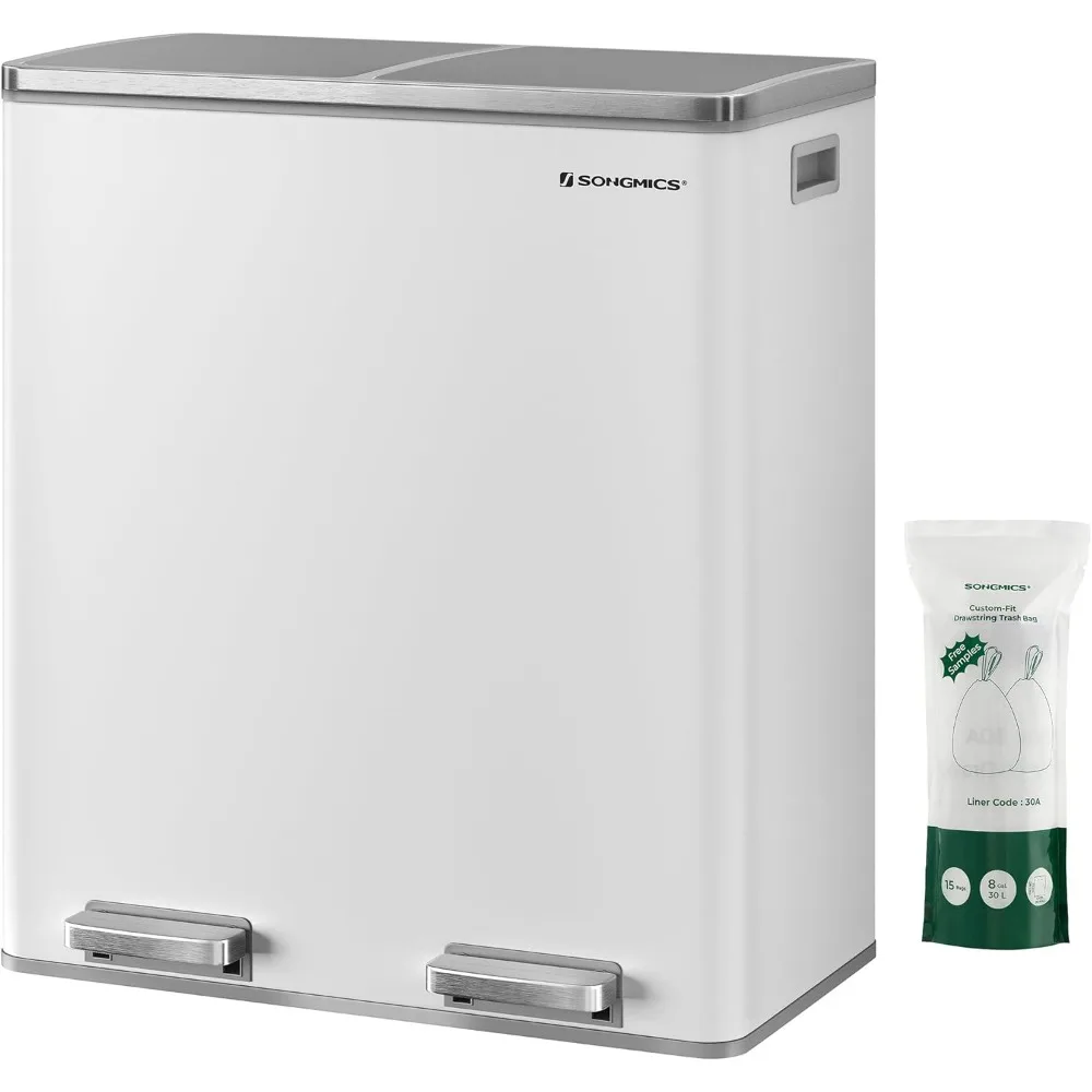 

Trash Can, 2 X 8 Gallon (2 X 30 L) Garbage Can For Kitchen, With 15 Trash Bags, 2 Compartments, Plastic Inner Buckets And Hinge