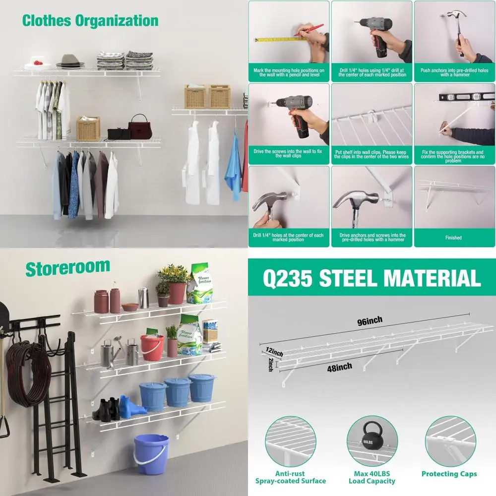 

4-Tier Wall-Mounted White Wire Shelving - 48 x 12 for Laundry, Closet, and Basement Storage Organization