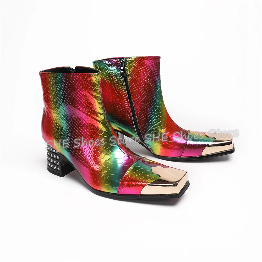 Fashion Rainbow Snake Print Male Ankle Boots Square Metal Toe Rivet Chunky Heel Side Zipper Chelsea Boots Punk Stage Party Boots