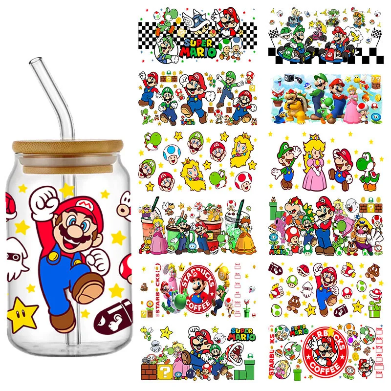 Bonito Mario UV DTF Cup Wrap Transfer Sticker, Impermeável Transfere Decalques para 16OZ Vidro De Café, DIY Wrap Adesivos