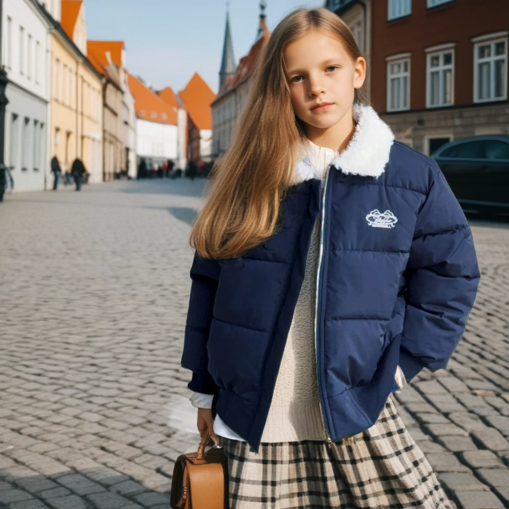 

Winter Girls Fur Collar Short Puffer Jacket Thickened Cotton Coat Blue Fashion Casual All-match Kids Warm Outwear Top Clothes