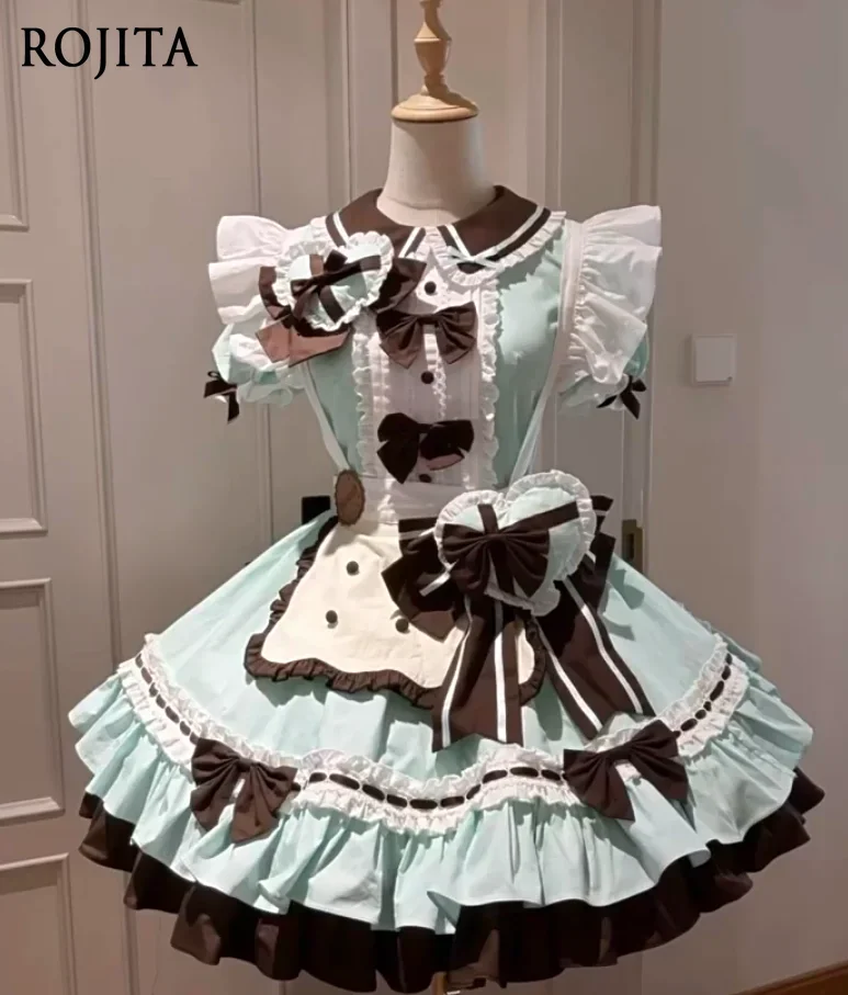 Cookie Mint Chocolate Heart Cute Maid Lolita Dress Women Summer Small Cake Short Dress Lolita Dress + Apron + Bowknot