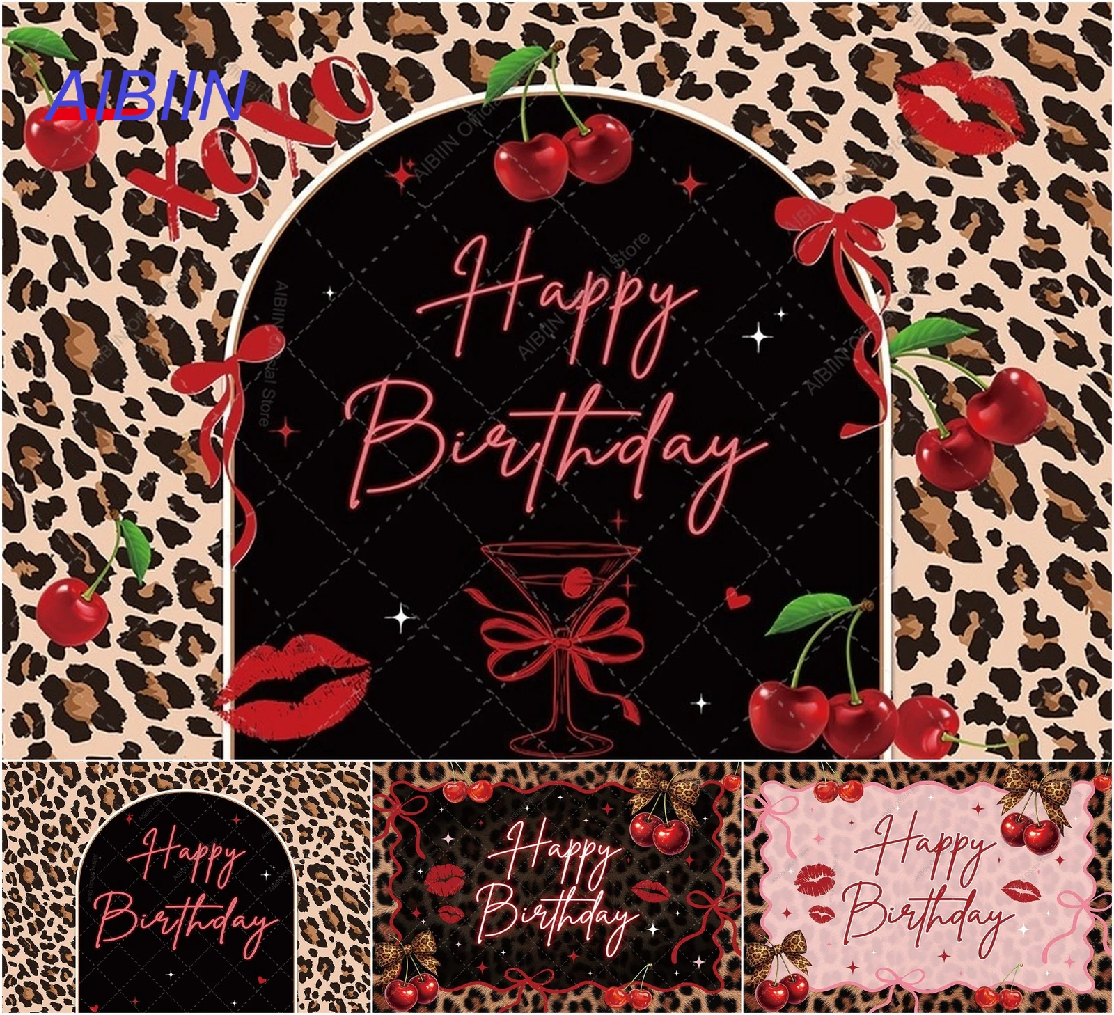 Cheetah Cherry Birthday Backdrop Black and Red Leopard print Wild Animal Kiss Girl Cake Party Decor Background