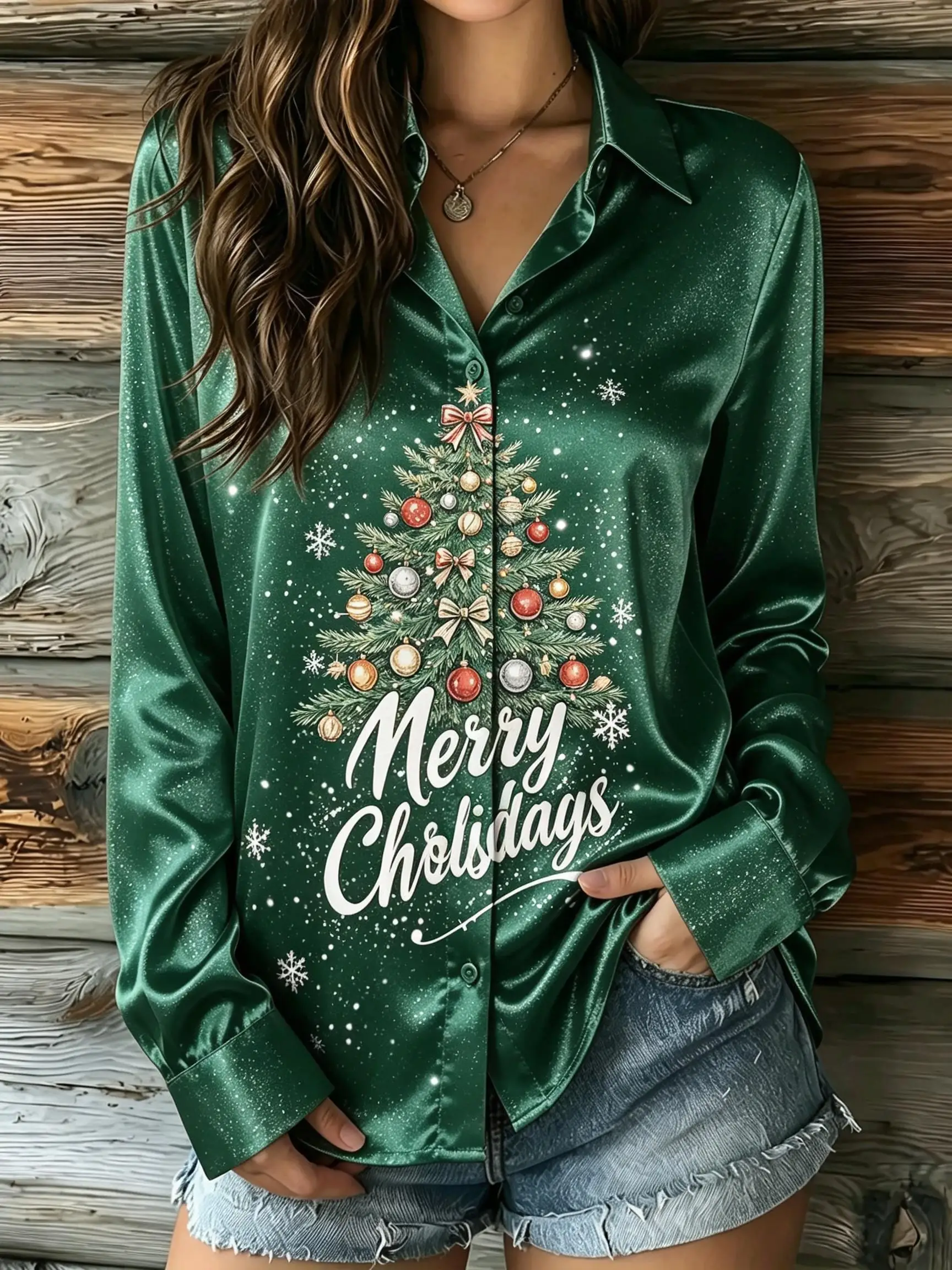 Women Lapel Collar Long Sleeve Button Down Shirt Christmas Graphic Letter Print Holiday Party Casual Blouse Top