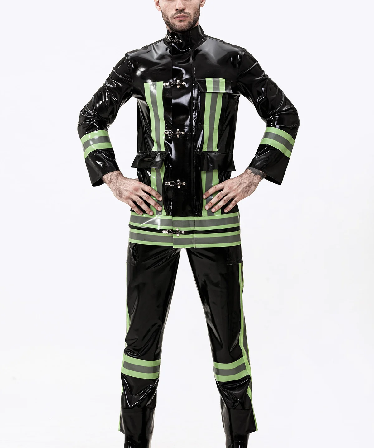 

customized catsuit rubber men's black latex firefighter suit green stripes long sleeve rubber jacket pants set fashion