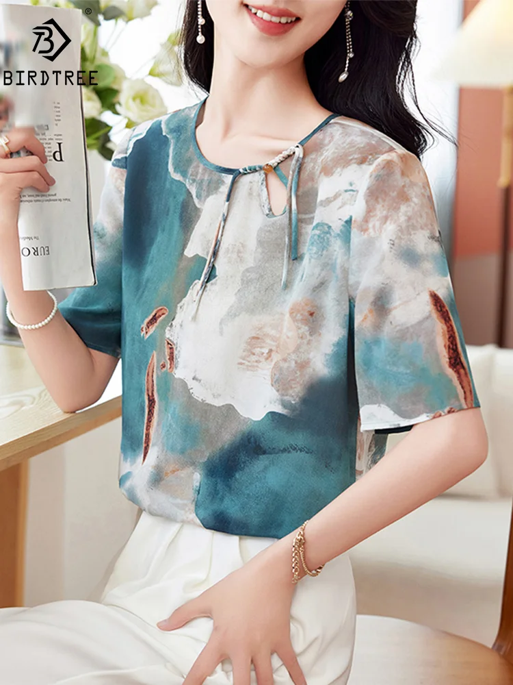 

BirdTree, 100%Natural Silk Elegant Shirt, Women Round Neck Tassel Print, Fashion Commute OL Tops, 2024 Summer Autumn T46427QM