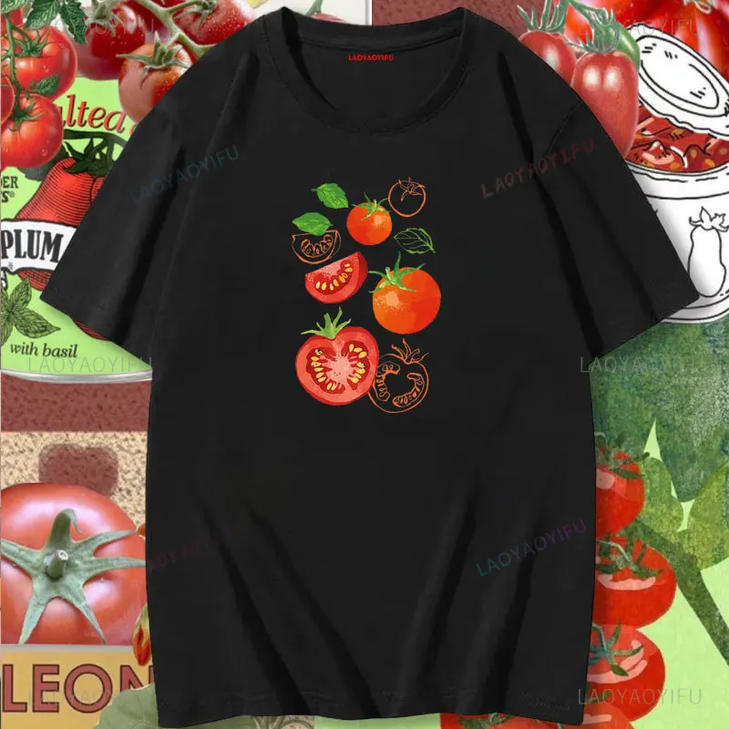 Vintage Slice Up Tomato Print T Shirt Fruit Botanical Graphic Cotton Shirt Aesthetic Garden T-shirt Women Vegan Cottagecore Tops