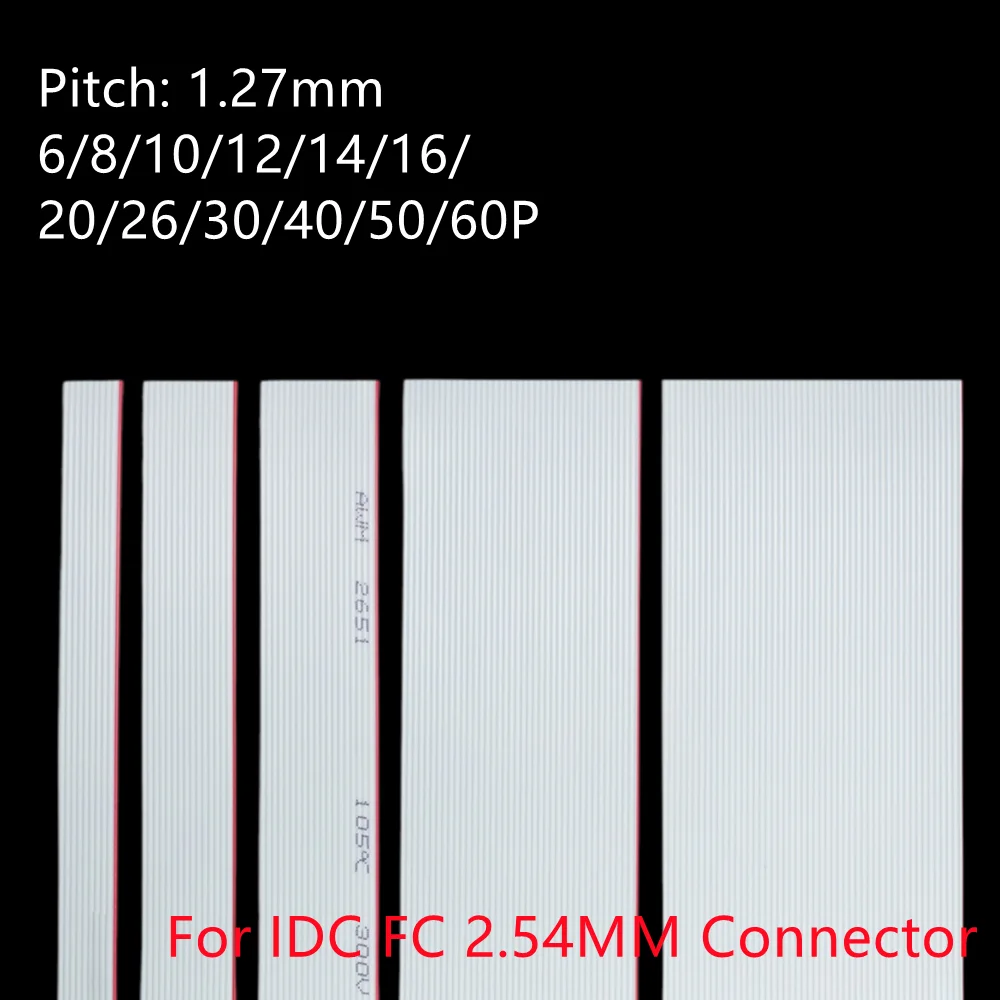 10M Grey Flat Cable 1.27mm Spacing 28AWG for IDC FC 2.54mm Connector - Various Pin Counts (6P-60P) Compatible