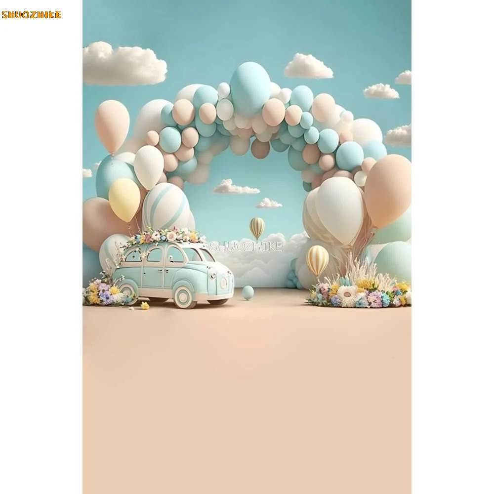 Newborn Baby 1st Birthday Backdrop Girl Boy First Birthday Party Pink Blue Balloon Flower Baby Cake Smash Photography Background