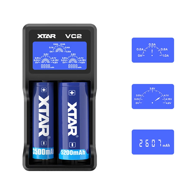 XTAR VC2 18650 Battery Charger Test Batteries Capacity Display USB Charger For 10400-26650 Li-ion Battery 21700 18650 Chargers