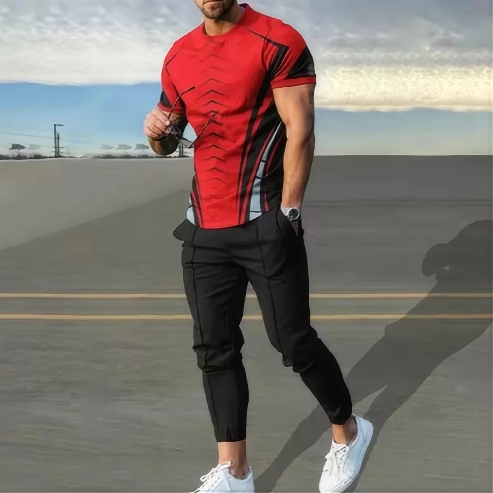Summer men\'s sportswear set short sleeved T-shirt long pants two-piece set men\'s sportswear 3D printed casual trend oversized