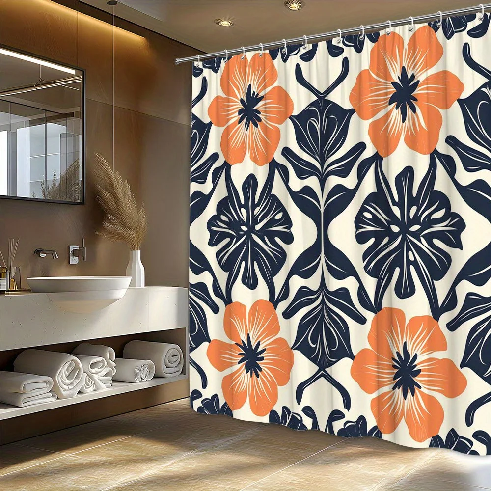 

1pc Mid-Century Modern Retro Floral Shower Curtain - Bold Orange Flowers with Black Centers, Dark Blue Leaves & White Veins